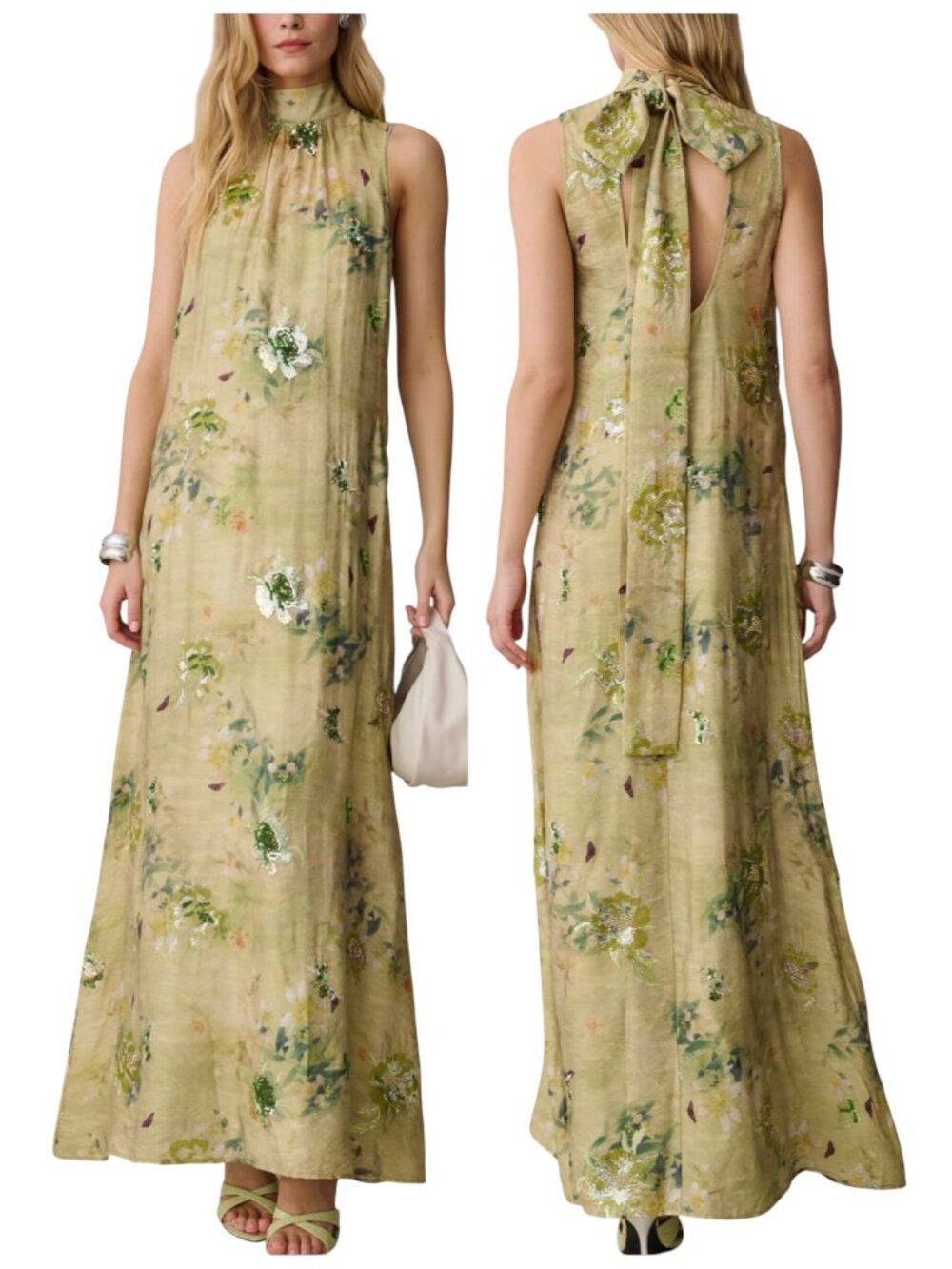 O.P.T. Naia Mariposa Floral Sequin Maxi Dress Green M NWT
